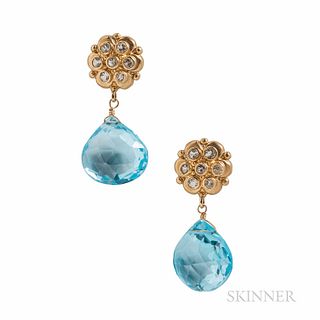 14kt Gold, Blue Topaz, and Diamond Earrings, faceted blue topaz drops, lg. 1 1/8 in.