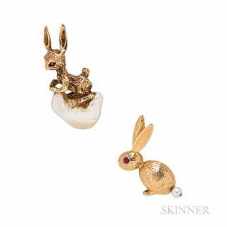 Two 14kt Gold Bunny Brooches, 10.0 dwt, lg. 1 5/8, 1 3/8 in.