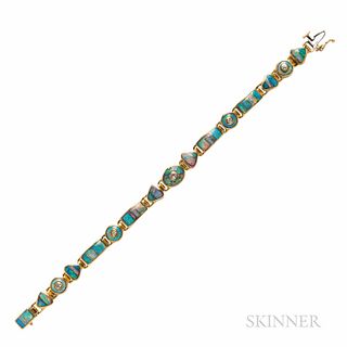 18kt Gold and Opal Inlay Bracelet, with full-cut diamond accents, 22.9 dwt, lg. 7, wd. 3/8 in.