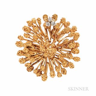 Retailed by Marcus & Co., 18kt Gold and Diamond Brooch, Germany, c. 1960, 9.4 dwt, dia. 1 3/8 in., signed.
