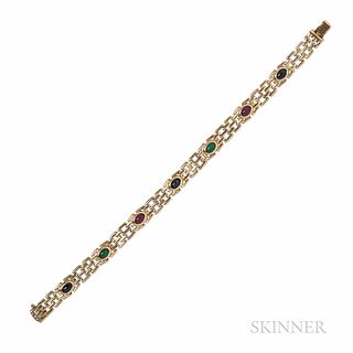 14kt Gold Gem-set Bracelet, set with cabochon sapphires, emeralds, and rubies, 11.4 dwt, lg. 7 1/4, wd. 1/4 in.