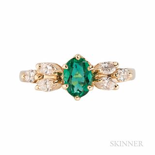 14kt Gold, Emerald, and Diamond Ring, the oval-cut emerald flanked by marquise-cut diamonds, 1.9 dwt, size 7.