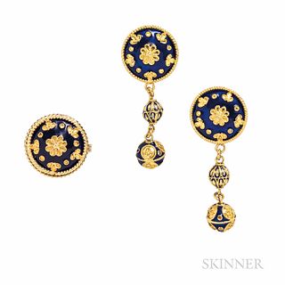 18kt Gold and Enamel Earrings and Ring, 7.7 dwt, lg. 2 3/4 in., size 7.