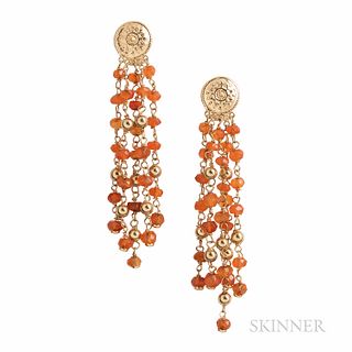 18kt Gold and Fire Opal Earrings, Italy, designed as a fringe of faceted fire opal beads, 9.9 dwt, lg. 3 in.