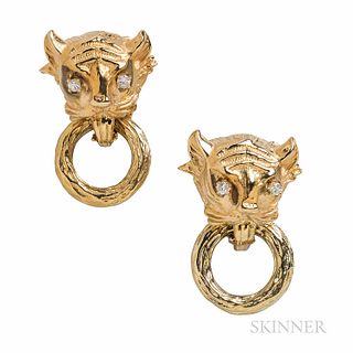 14kt Gold and Diamond Panther's Head Doorknocker Earrings, 12.7 dwt, lg. 1 3/8 in.