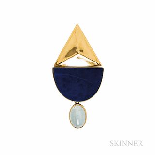 18kt Gold, Lapis, and Moonstone Pendant, 5.4 dwt, lg. 2 1/2 in.