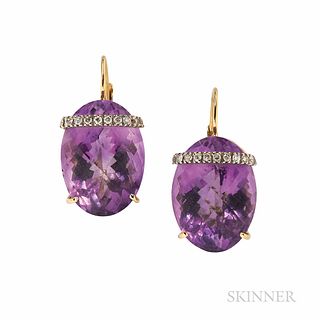 18kt Gold, Amethyst, and Diamond Earrings, set with faceted oval amethysts, 5.5 dwt, lg. 1 in.