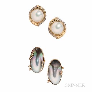 Two Pairs of 14kt Gold, Mabe Pearl, and Diamond Earrings, 17.5 dwt, lg. 1 1/8, 15/16 in.
