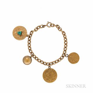 14kt Gold Charm Bracelet with Two Gold Coins, including a 1929 2 1/2 dollar, 21.7 dwt, lg. 6 1/2 in.