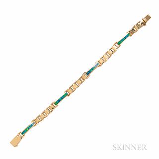 14kt Gold and Opal Inlay Bracelet, 12.6 dwt, lg. 7 1/16, wd. 1/4 in.