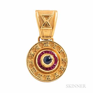Cetas 18kt Gold Gem-set Pendant, designed as a sundial with cabochon and calibre-cut colored stones, 7.7 dwt, lg. 1 3/8 in., signed.
