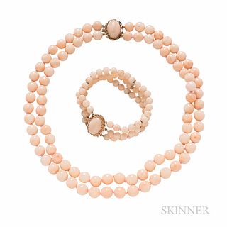 14kt Gold and Angelskin Coral Necklace and Bracelet, the beads ranging in size from approx. 6.00 to 10.00 mm, lg. 17 3/4, 6 7/8 in.