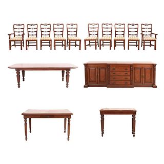 Comedor. Siglo XX. Estructura de madera. Consta de: 8 sillas, 2 sillones, Consola, Trinchador, Mesa de comedor y Mesa auxiliar.