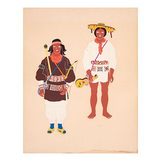 CARLOS MÉRIDA Huicholes de los Estados de Nayarit y Jalisco, de la carpeta Mexican Costume, 1941 Firmada en plancha al frente 38 x 30cm