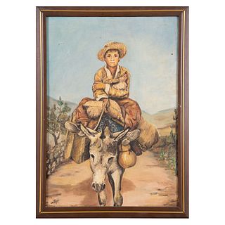 CANTÚ Niño y burro Firmado y fechado 77 al frente Óleo sobre tela Enmarcado 50 x 35 cm