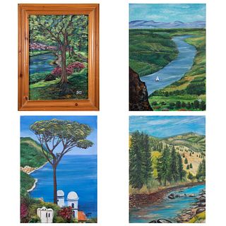 ESPE Lote de 4 obras pictóricas "Canal de Panamá", "Capri", Vista de río y Paisaje boscoso Firmados y fechados 99 al frente 70 x 50 cm