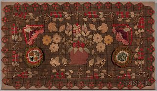 Floral Applique Mat, 19th century, the central applique pot of flowers within a vine border against a plaid background with diamond and