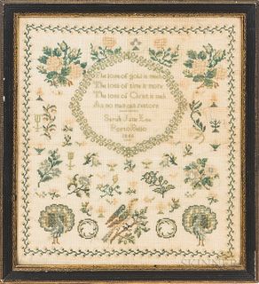 Framed "Sarah Jane Lee" Needlework Sampler, 1845, ht. 16, wd. 14 1/2 in.