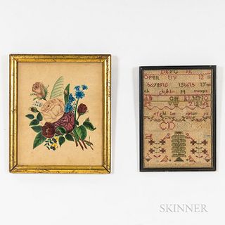 Four Framed Items, a "Caroline Hall...1869" sampler, a mirror, a watercolor on paper floral theorem, and a primitive grain-painted fram