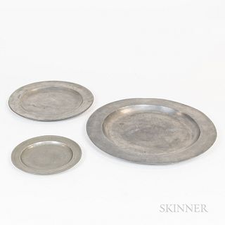 Three Pewter Dishes, one by Samuel Hamlin, dia. 8 1/4, one Jacob Whittemore, dia. 12 1/4, and one by a British maker, dia. 16 1/2 in.