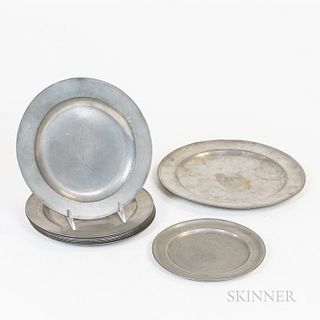 Ten Pewter Plates, one by Jacob Whittemore, dia. 8, a set of eight marked "EBA," dia. 9 1/4, and one by Thomas Danforth, dia. to 12 1/4