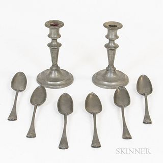 Set of Six Pewter Spoons and a Pair of Candlesticks, lg. 8 1/4 in.
