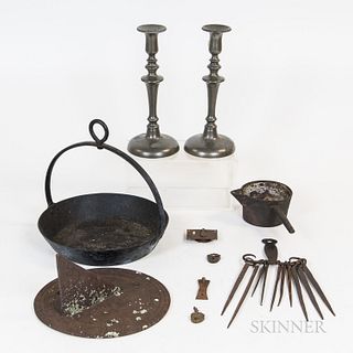Small Group of Metal Domestic Items, including ten skewers and a hanger, an "S. Moore/Kensington CT" sundial, and a pair of pewter push