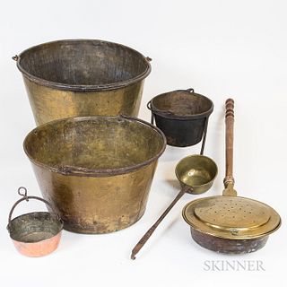 Six Mostly Brass Hearth Items, a bedwarmer, three buckets, a ladle, and a copper pan, ht. to 13 1/2 in.