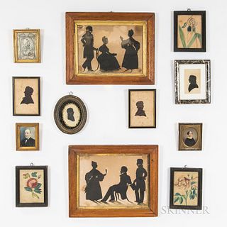 Twelve Silhouettes, most framed, including two family portraits and four with reverse-painted borders; sold with three framed botanical