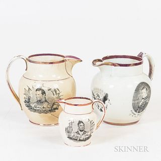 Three Sunderland Historical Transfer-decorated Ceramic Jugs, England, early 19th century, Perry/Pike, Stephen Decatur, and a small Comm