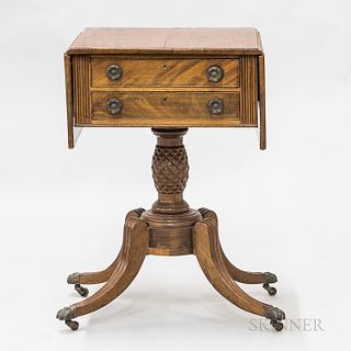 Classical Carved Mahogany Two-drawer Drop-leaf Sewing Stand, (imperfections), ht. 29, wd. 19 1/4, dp. 19 1/2 in.