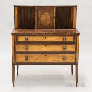 Federal Inlaid Mahogany and Tiger Maple Veneer Tambour Desk, 19th century, (imperfections), ht. 48 1/2, wd. 40, dp. 18 1/2 in.