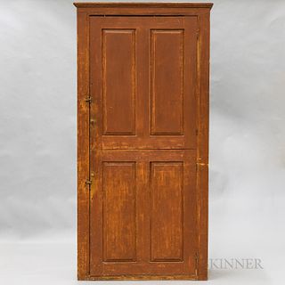Large Country Red-painted Pine Two-door Paneled Cupboard, ht. 82, wd. 41, dp. 16 in.