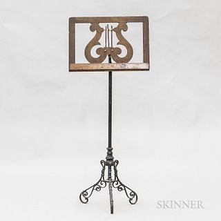 Wrought Iron and Oak Lyre-form Music Stand, (damage), ht. 49, wd. 20 in.