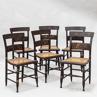 Set of Six Grain-painted and Gilt Stenciled Fancy Chairs, probably New England, c. 1825, ht. 35 in.
