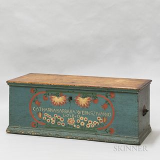 Scandinavian Paint-decorated Pine Dower Chest, ht. 20 1/2, wd. 53, dp. 24 in.