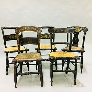 Five Painted and Stenciled Fancy Chairs, 19th century, ht. to 35 in.