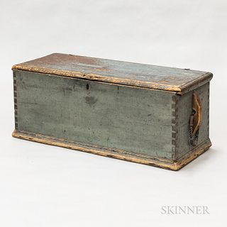 Blue-painted Pine Sea Chest, 19th century, with newspaper-lined interior, ht. 17 1/4, wd. 43 1/2, dp. 16 1/4 in.