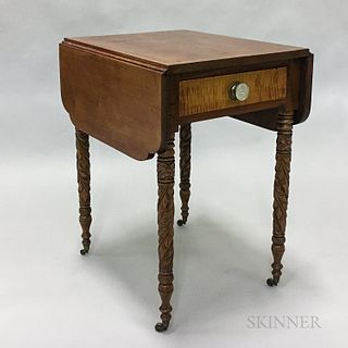 Late Federal Carved Cherry and Tiger Maple One-drawer Drop-leaf Worktable, ht. 29 1/4, wd. 19 3/4, dp. 24 in.