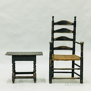 Early Black-painted Armchair and Turned Stool.