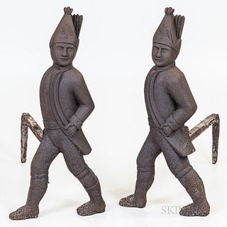 Pair of Cast Iron Hessian Soldier Andirons, ht. 20 3/4, wd. 10, dp. 20 in.