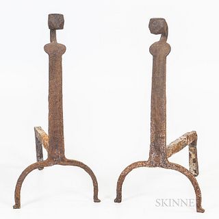 Pair of Federal Wrought Iron Andirons and a Belted Ball-top Shovel and Pair of Tongs.