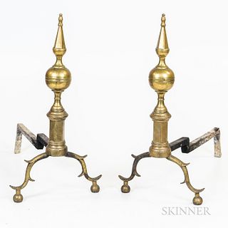 Pair of Brass Belted Ball-top Andirons, ht. 20, wd. 10, dp. 19 in.