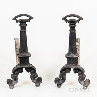 Pair of Classical-style Cast Iron Columnar Andirons, ht. 13, wd. 6 1/4, dp. 15 in.