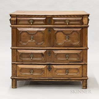 Early English Fruitwood Paneled Chest of Drawers, ht. 36, wd. 38, dp. 23 in.