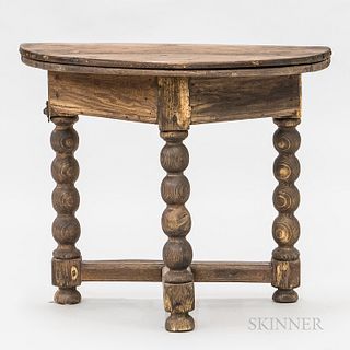 Jacobean-style Oak and Pine Demilune Console Table, ht. 28, wd. 33 1/4, dp. 17 in.