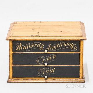 "Brainerd & Armstrong Co." Fruitwood Three-drawer Spool Cabinet, ht. 11, wd. 18 1/2, dp. 16 1/4 in.