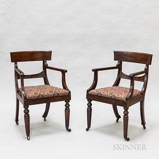 Pair of Regency Carved Mahogany Armchairs, England, 19th century, (imperfections), ht. 34 1/2 in.