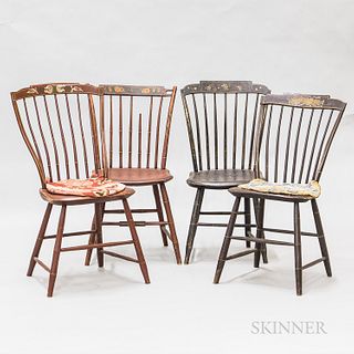 Four Paint-decorated Bamboo-turned Step-down Windsor Side Chairs, early 19th century, a grain-painted with floral cresting, two red-pai