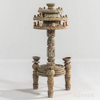 Paint-decorated Sewing Stand, 19th century, composed of an upper section with two tiers of spool holders topped by a pincushion platfor
